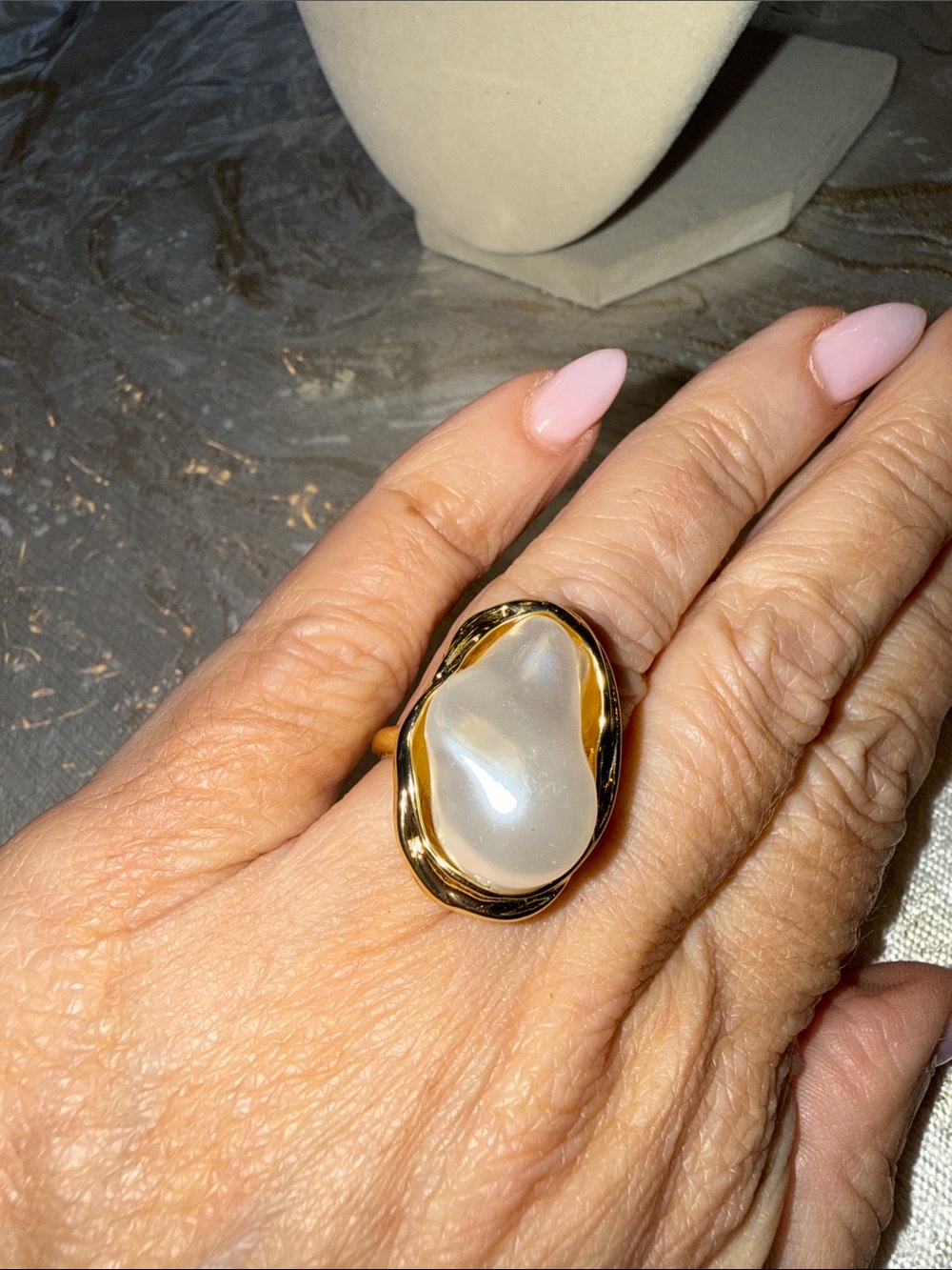 Adina Eden Gold-Plated statement Ring with Pearl-Like Center adjustable